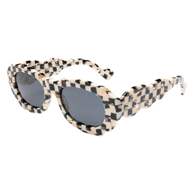 Sunglasses with checkered frame and gray lenses on a white background.
BLACK & WHITE CHECK / SMOKE POLARIZED LENS