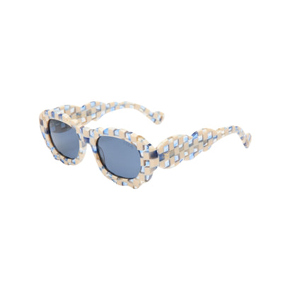 Sunglasses with a checkered frame on a white background.
BLUE & WHITE CHECK / NAVY POLARIZED LENS