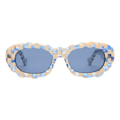Sunglasses with checkered frame and blue lenses on a white background.
BLUE & WHITE CHECK / NAVY POLARIZED LENS