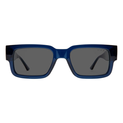 Blue sunglasses with dark lenses on a white background.
DARK SEAS / SMOKE POLARIZED LENS