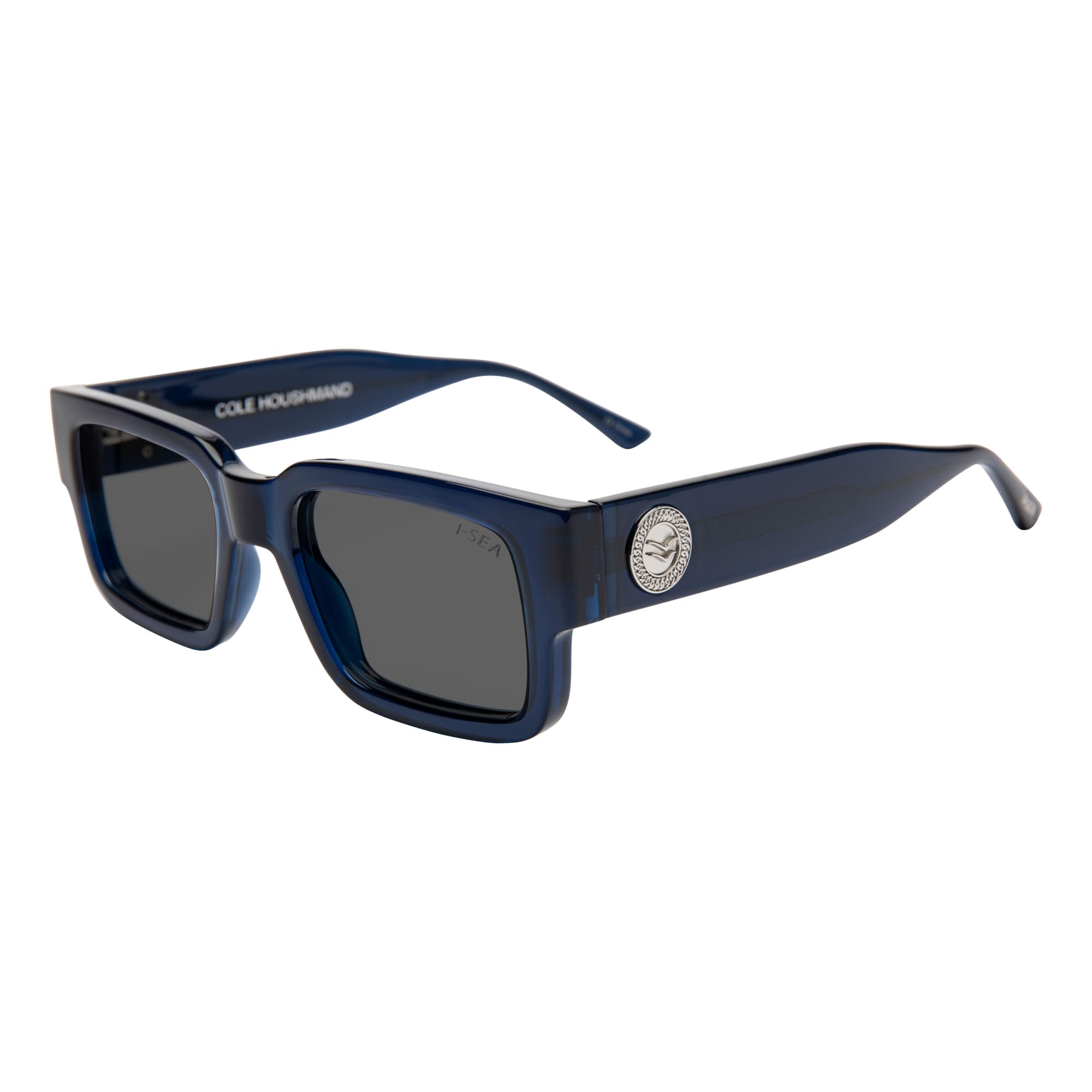 Blue sunglasses with a brand logo on a white background.
DARK SEAS / SMOKE POLARIZED LENS