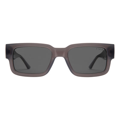 Sunglasses with dark lenses and brown frame on a white background.
GREY / SMOKE POLARIZED LENS