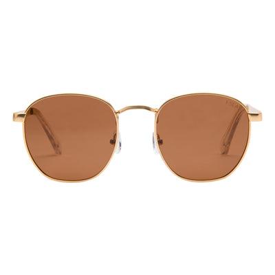 Sunglasses with gold frame and brown lenses on a white background.
GOLD / BROWN POLARIZED LENS