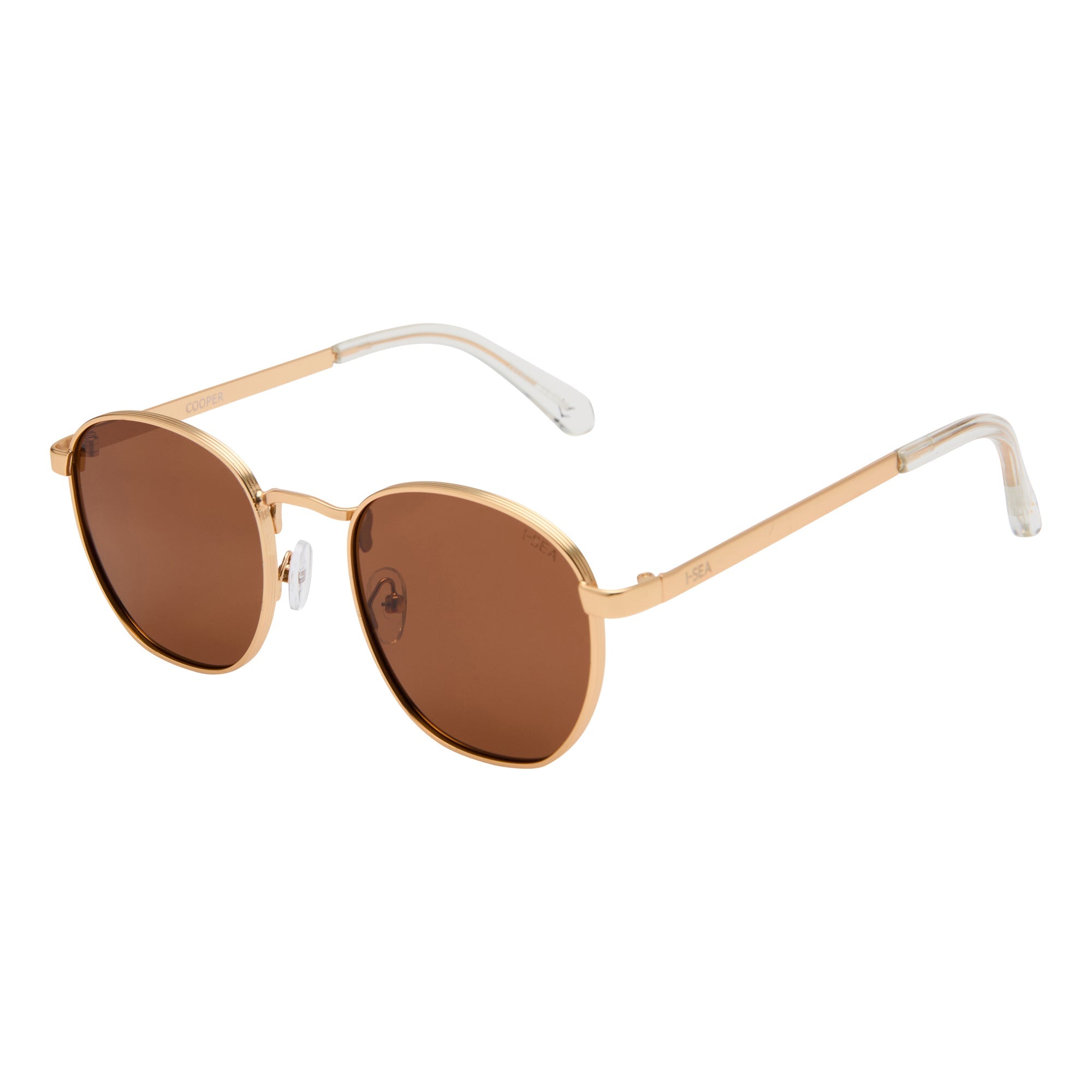Gold-framed sunglasses with brown lenses on a white background.
GOLD / BROWN POLARIZED LENS
