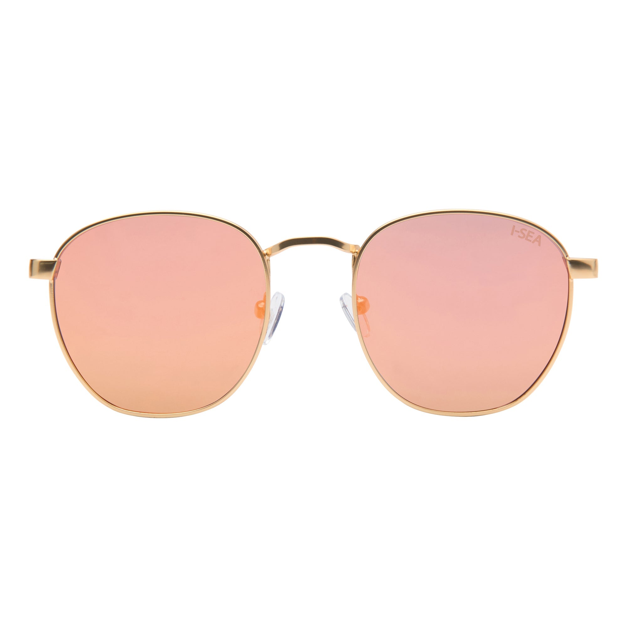 Sunglasses with gold frame and pink lenses on a white background.
GOLD / COPPER POLARIZED LENS