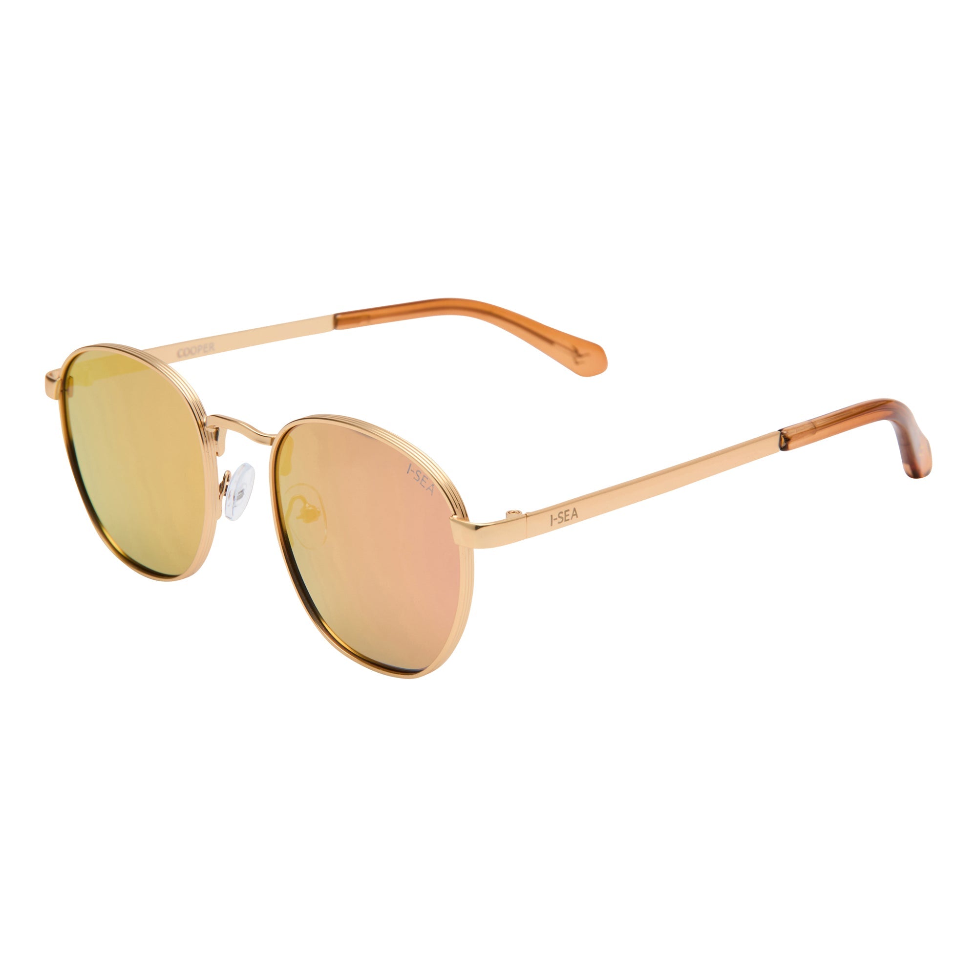 Gold-framed sunglasses with yellow-tinted lenses on a white background.
GOLD / COPPER POLARIZED LENS