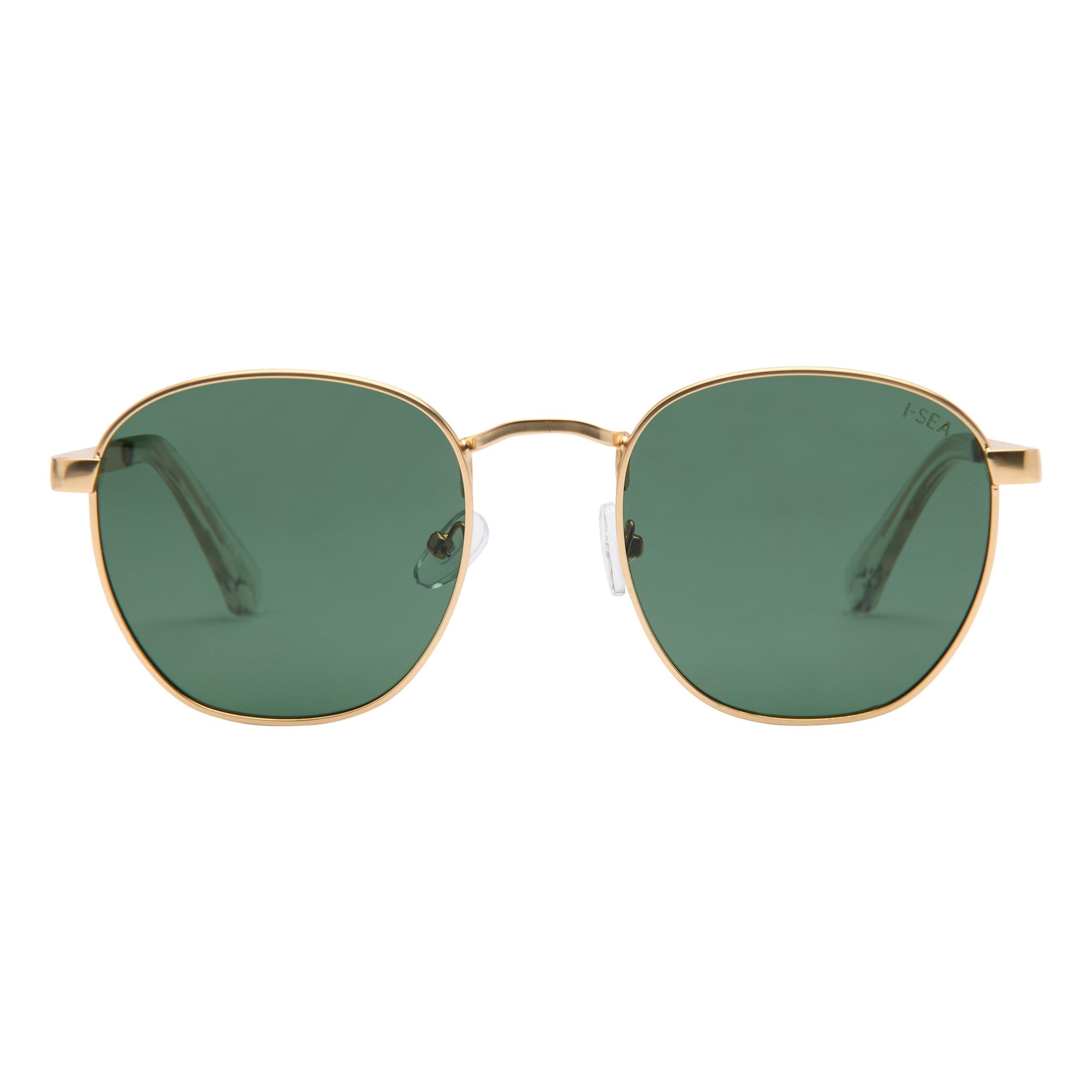 Gold-framed sunglasses with green lenses on a white background.
GOLD / GREEN POLARIZED LENS