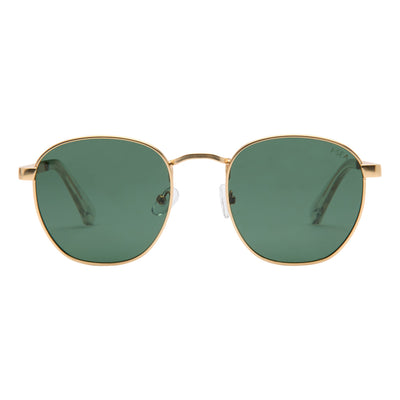 Gold-framed sunglasses with green lenses on a white background.
GOLD / GREEN POLARIZED LENS