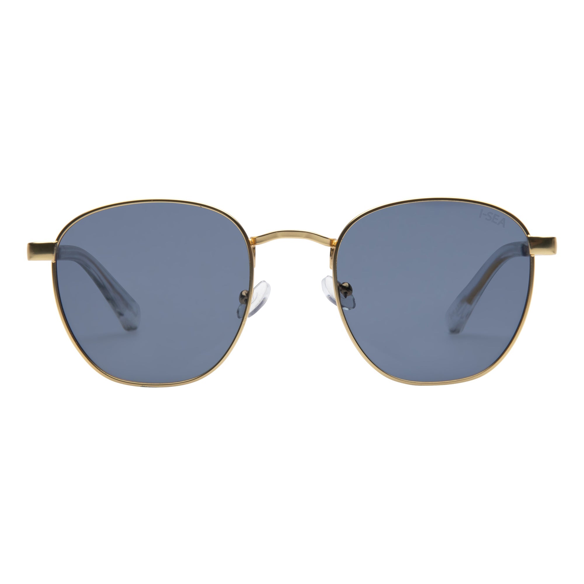 Sunglasses with gold frame and blue lenses on a white background.
GOLD / NAVY POLARIZED LENS