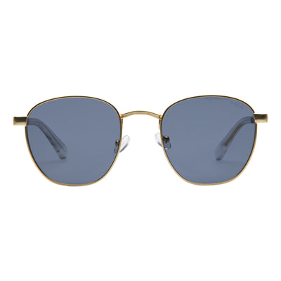 Sunglasses with gold frame and blue lenses on a white background.
GOLD / NAVY POLARIZED LENS