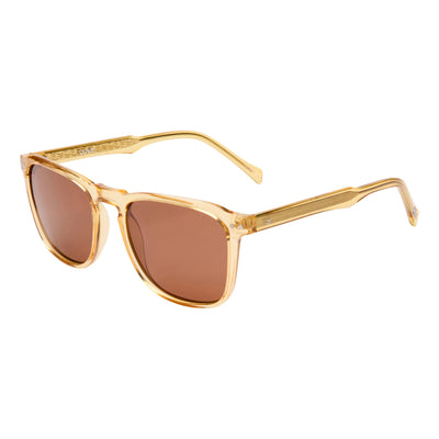 Gold-framed sunglasses with brown lenses on a white background.
ANTIQUE / BROWN POLARIZED LENS
