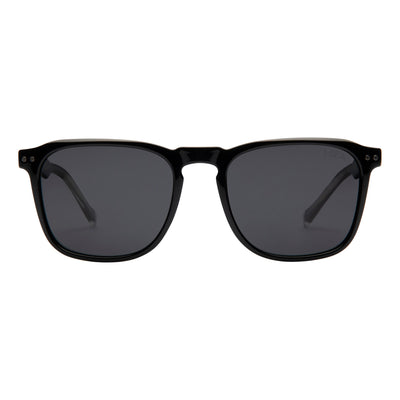 Black sunglasses with dark lenses on a white background.
INK / SMOKE POLARIZED LENS