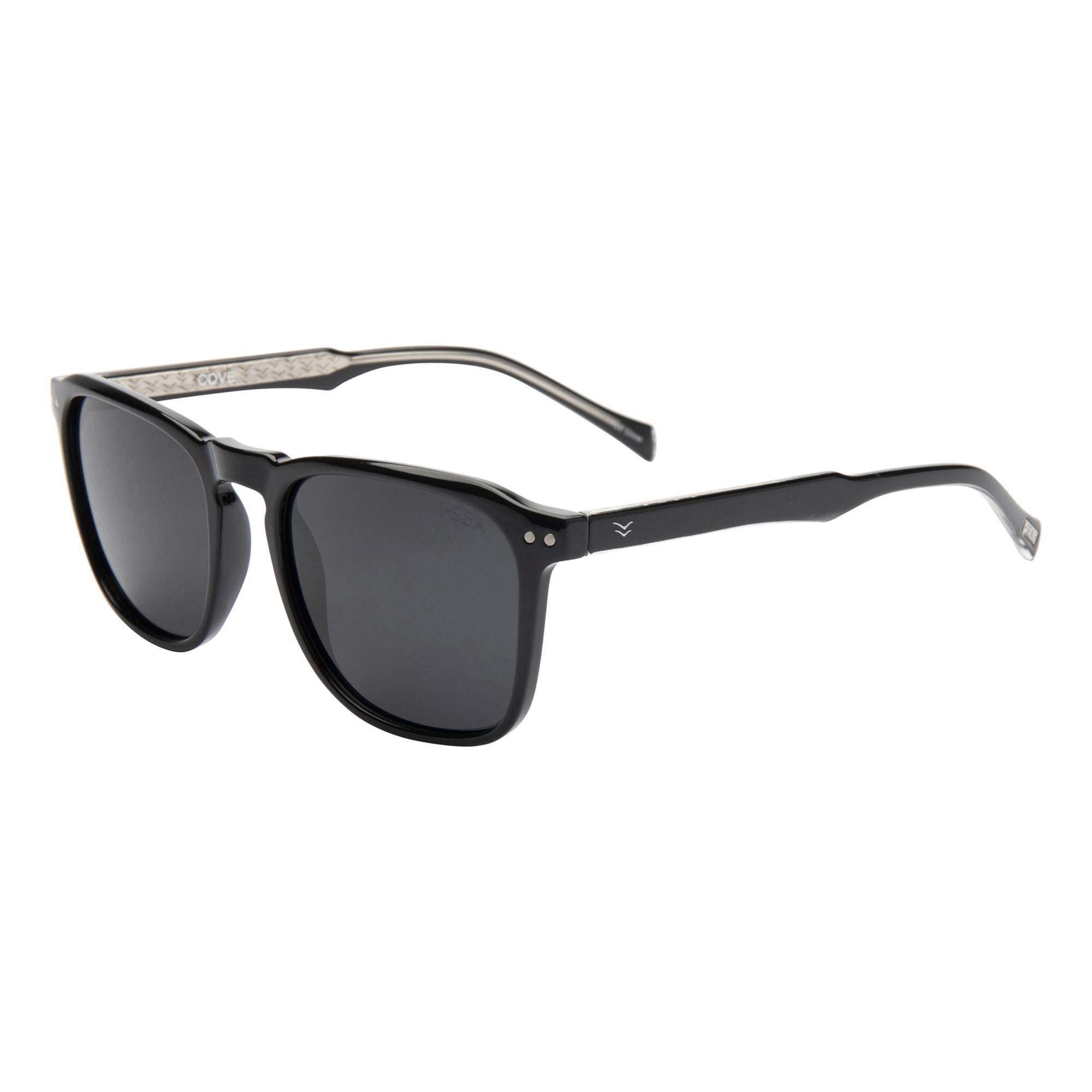 Black sunglasses with red accents on a white background.
INK / SMOKE POLARIZED LENS