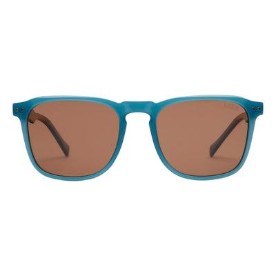 Sunglasses with blue frame and brown lenses on a white background.
OCEAN / BROWN POLARIZED LENS