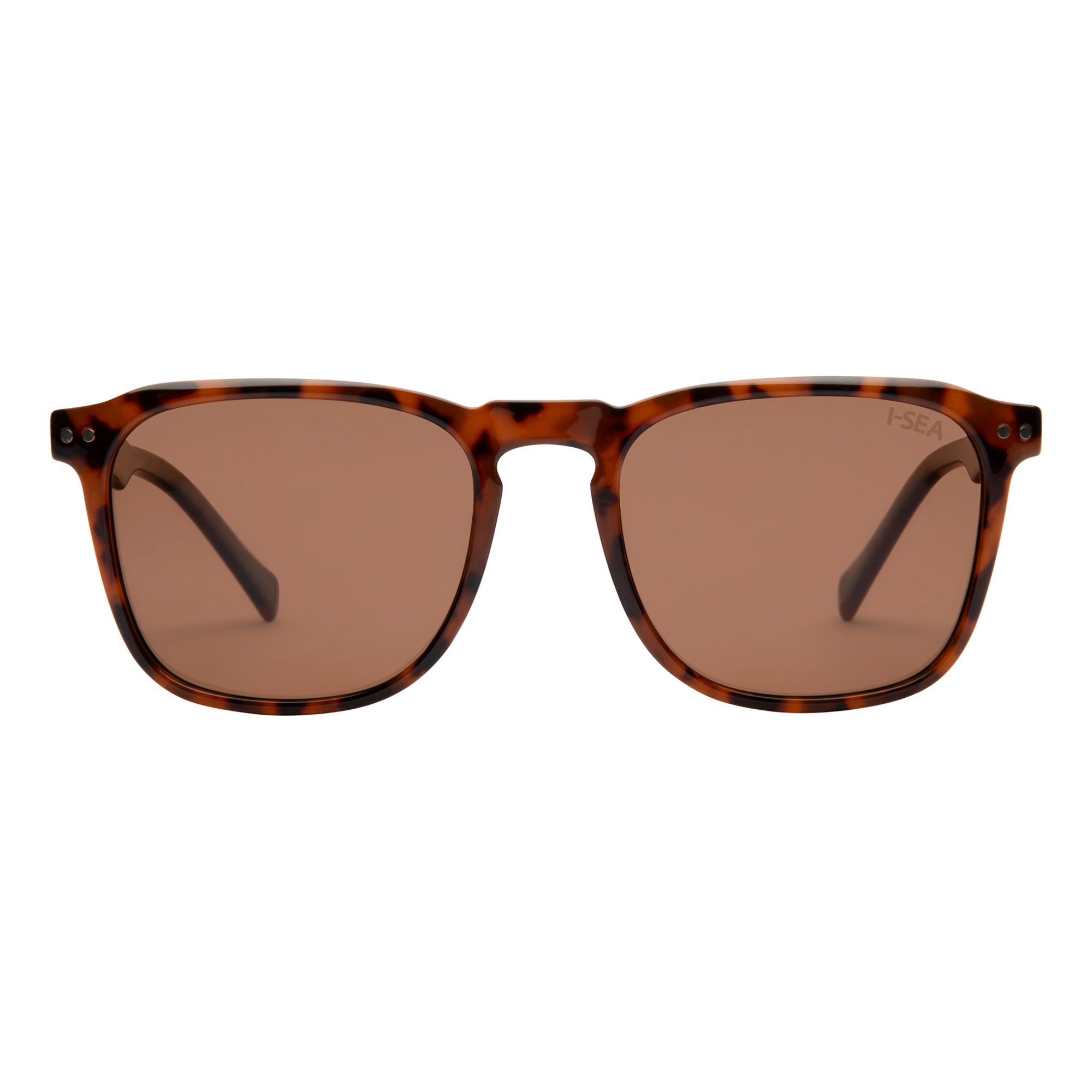 Sunglasses with tortoiseshell frame and brown lenses on a white background.
TORT / BROWN POLARIZED LENS