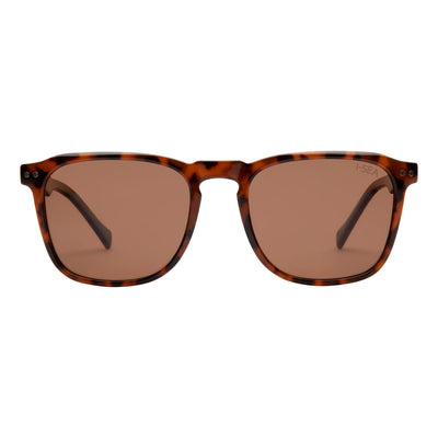 Sunglasses with tortoiseshell frame and brown lenses on a white background.
TORT / BROWN POLARIZED LENS