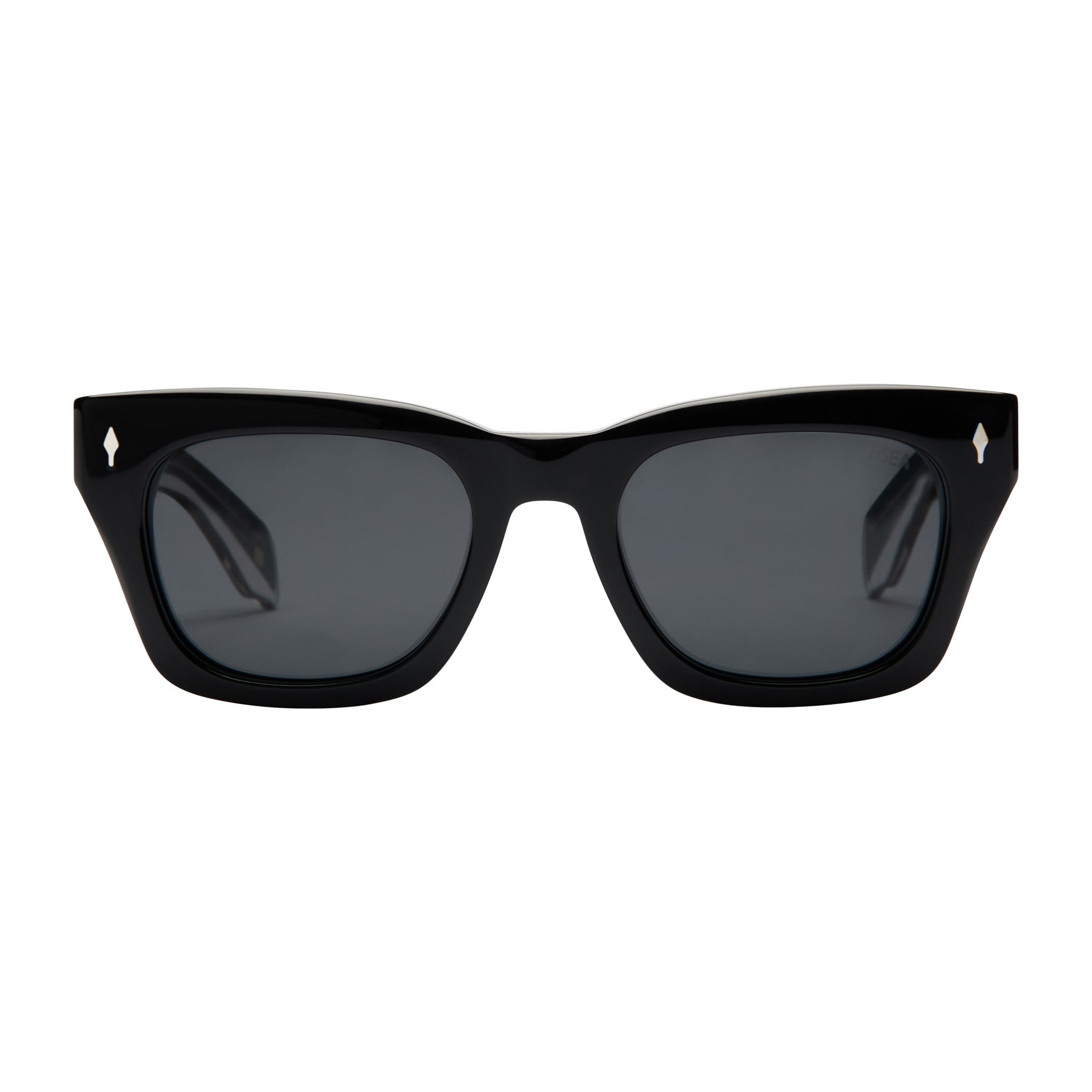 Black sunglasses with dark lenses on a white background.
BLACK / SMOKE POLARIZED LENS