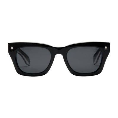Black sunglasses with dark lenses on a white background.
BLACK / SMOKE POLARIZED LENS
