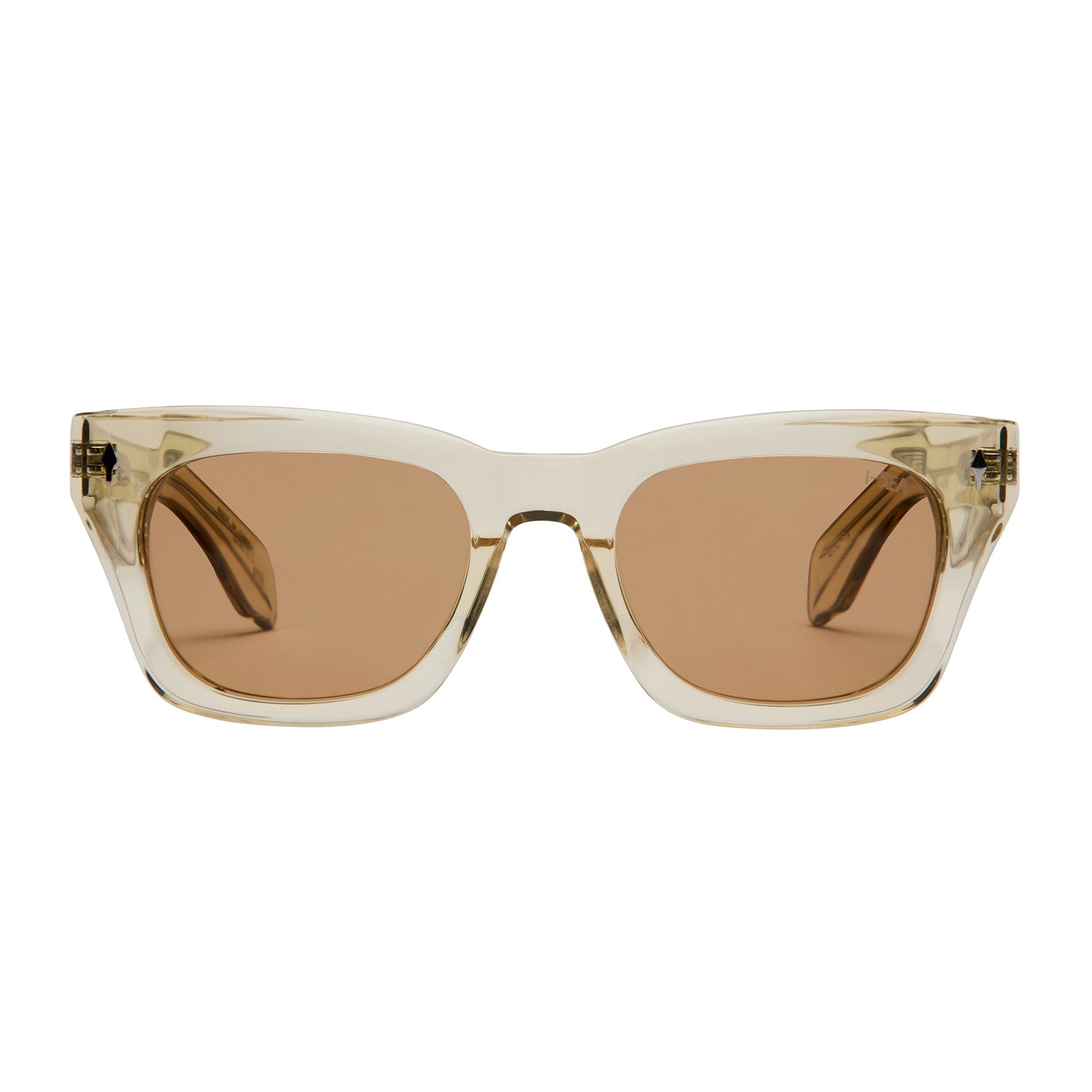 Sunglasses with clear frame and brown lenses on a white background.
LEMON / BROWN POLARIZED LENS