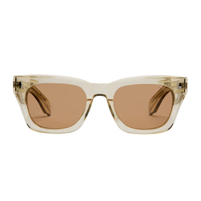 Sunglasses with clear frame and brown lenses on a white background.
LEMON / BROWN POLARIZED LENS
