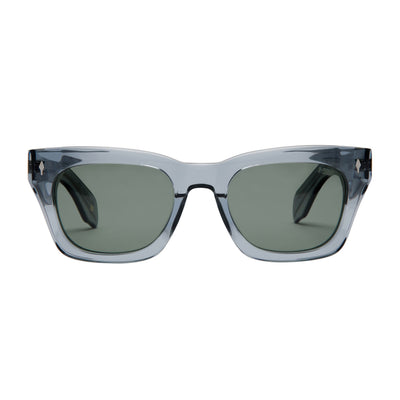 Sunglasses with clear frame and dark lenses on a white background.
SLATE / GREEN POLARIZED LENS