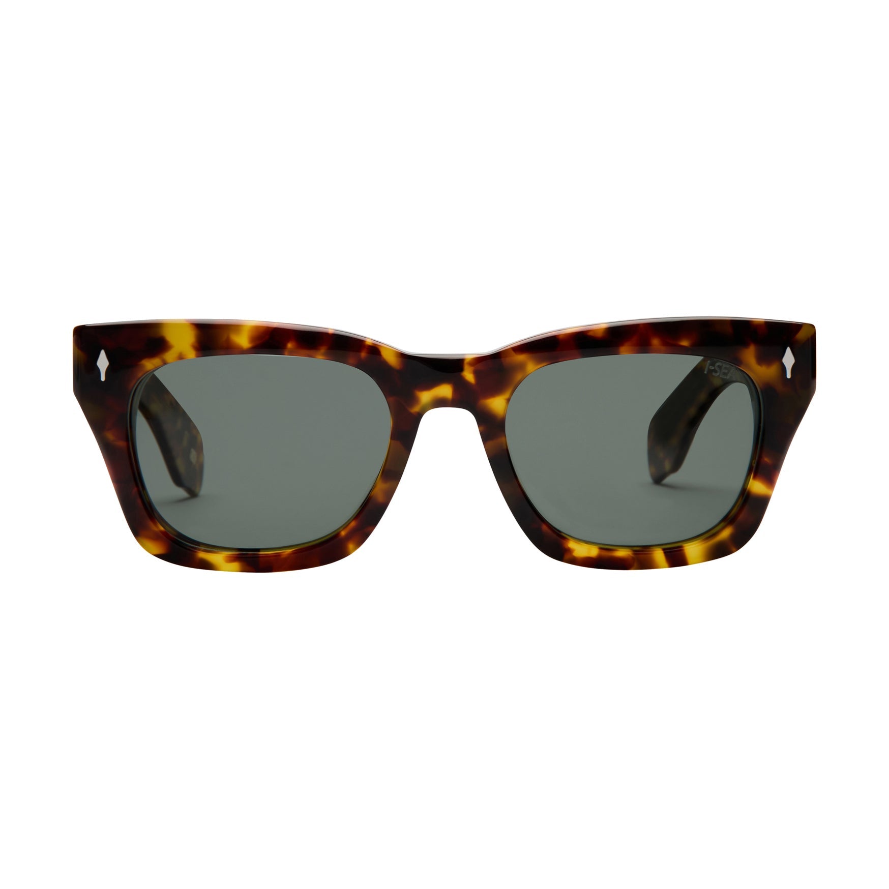 Sunglasses with tortoiseshell frame and dark lenses on a white background.
TORT / GREEN POLARIZED LENS