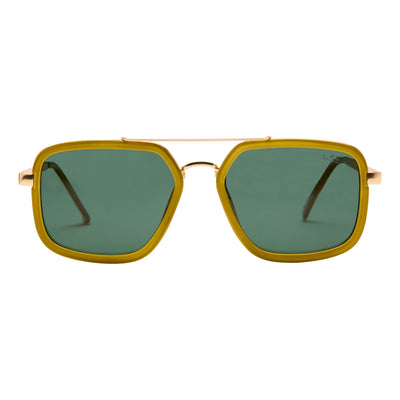 Gold-framed sunglasses with green lenses on a white background.
AVOCADO / GREEN POLARIZED LENS