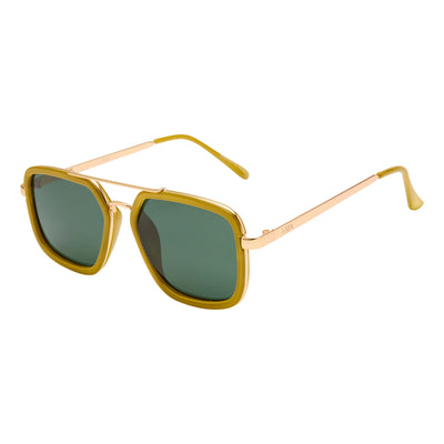 Gold-framed sunglasses with green lenses on a white background.
AVOCADO / GREEN POLARIZED LENS