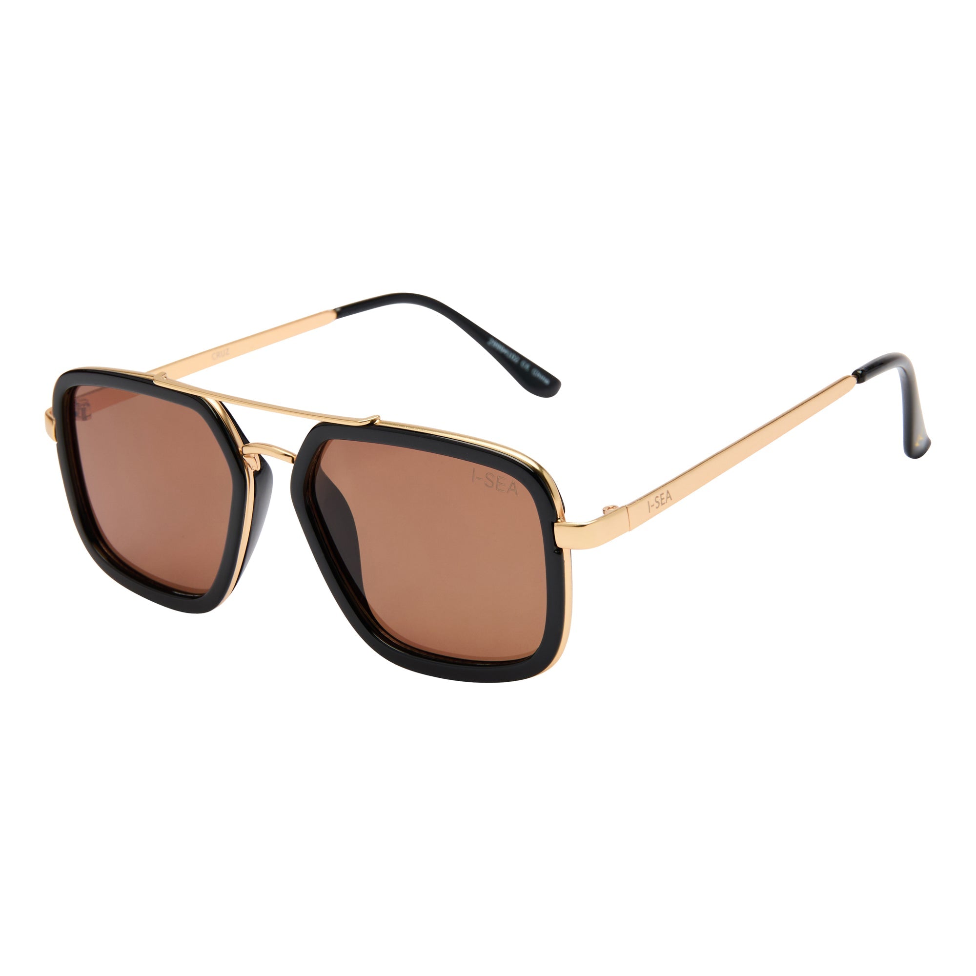 Sunglasses with gold frame and brown lenses on a white background.
BLACK / BROWN POLARIZED LENS