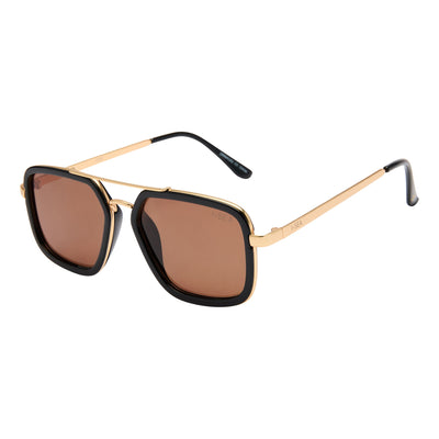 Sunglasses with gold frame and brown lenses on a white background.
BLACK / BROWN POLARIZED LENS