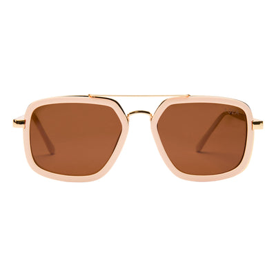 Sunglasses with rose gold frame and brown lenses on a white background.
CREAM / BROWN POLARIZED LENS