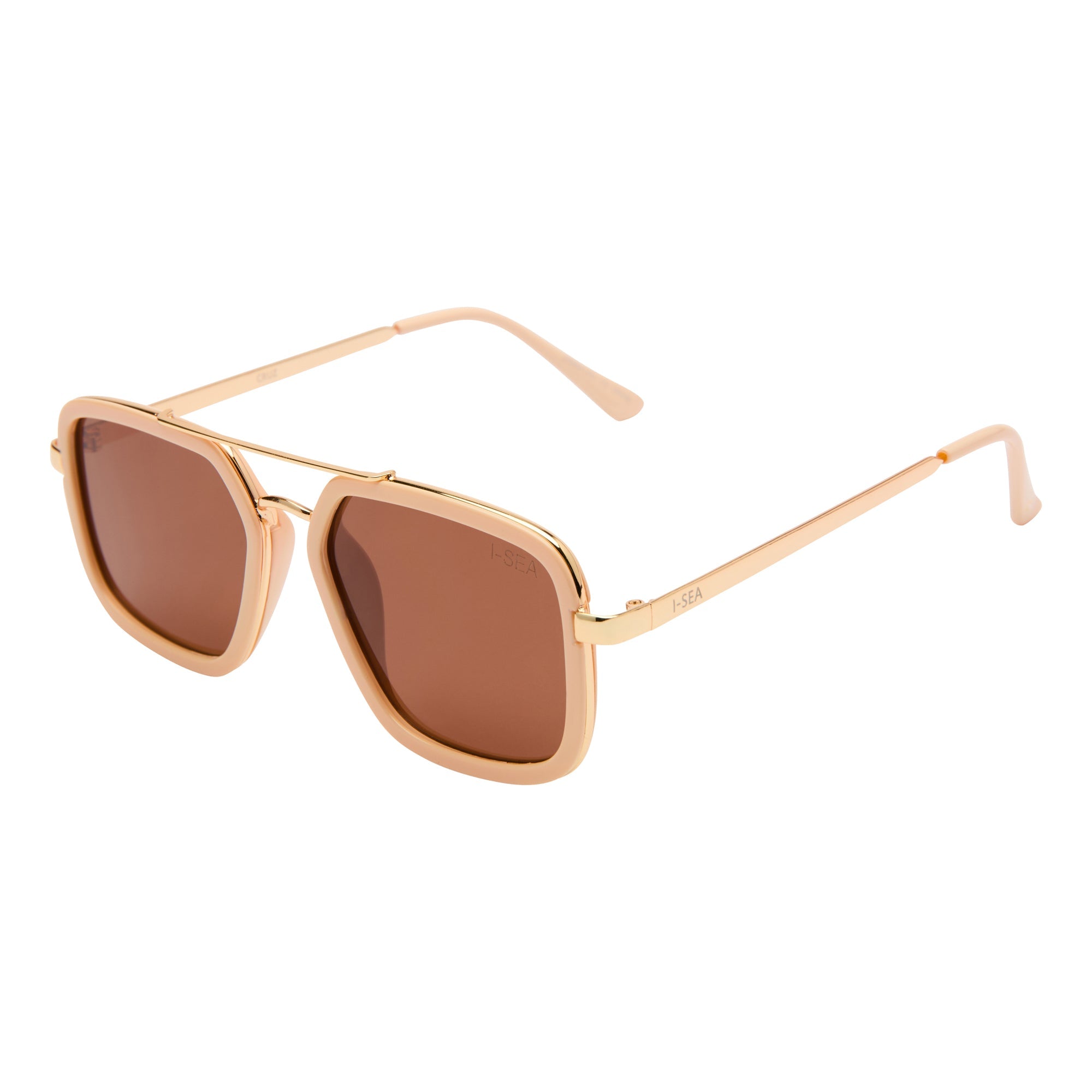 Gold-framed sunglasses with brown lenses on a white background.
CREAM / BROWN POLARIZED LENS