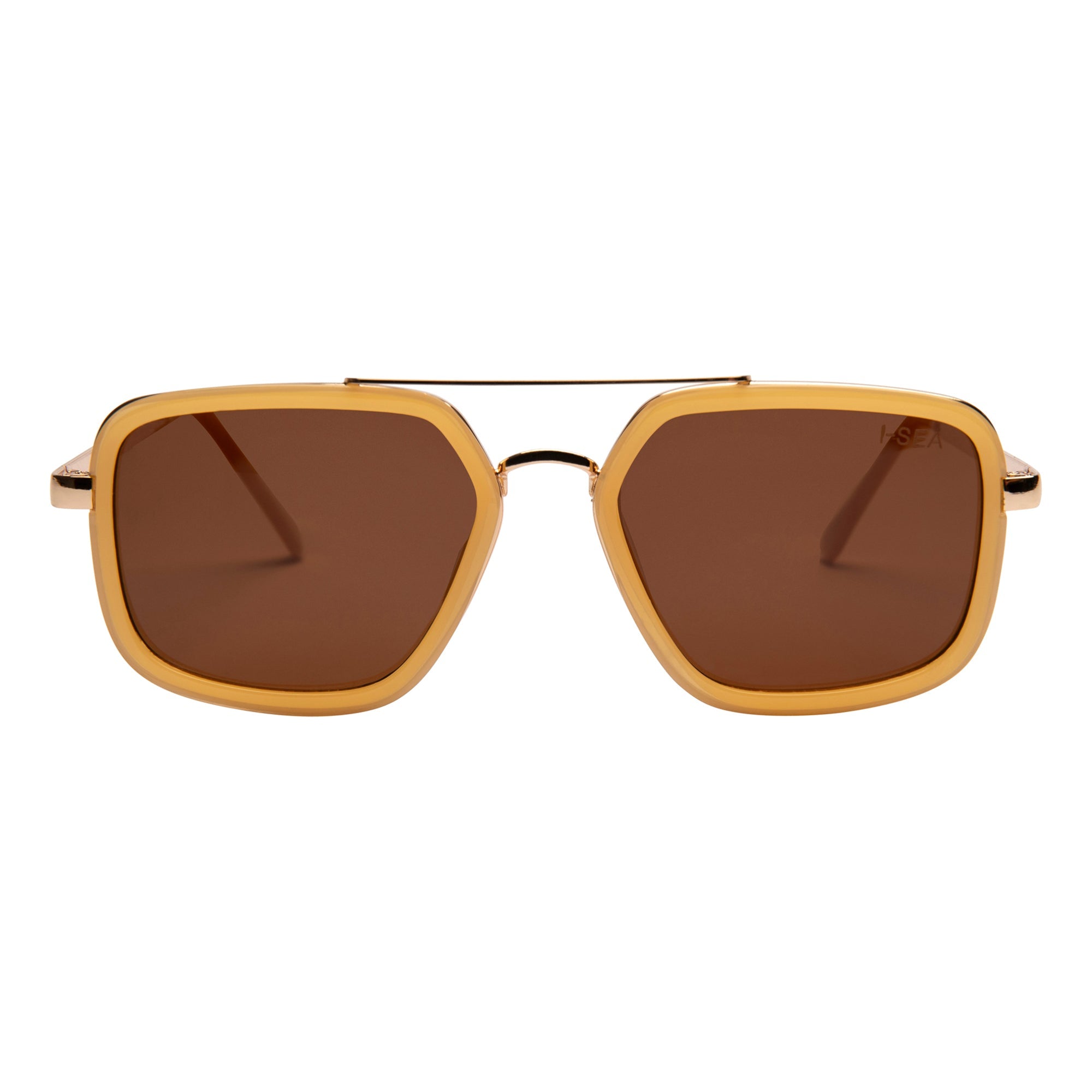 Gold-framed sunglasses with brown lenses on a white background.
PINEAPPLE / BROWN POLARIZED LENS