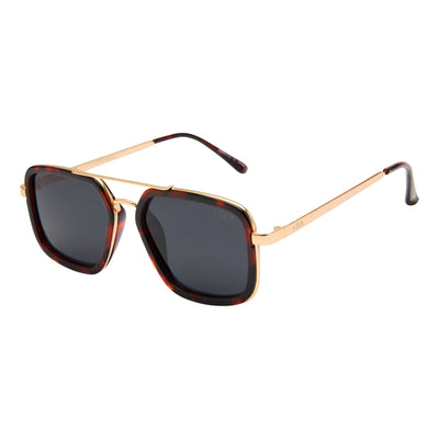 Sunglasses with gold frame and tortoiseshell accents on a white background.
TORT / SMOKE POLARIZED LENS
