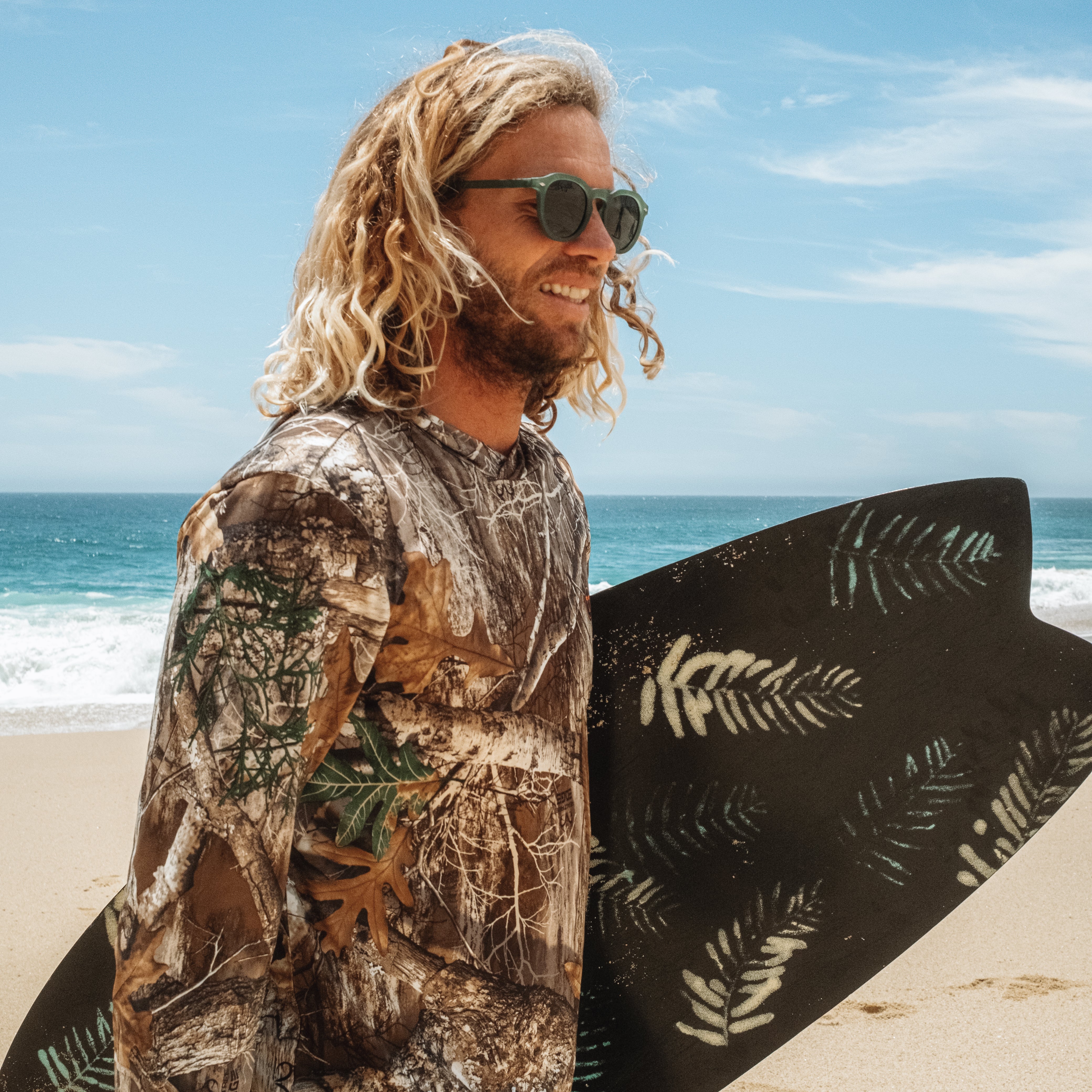 Man with a camouflage shirt holding a surfboard on a beach.
KALE / GREEN POLARIZED LENS