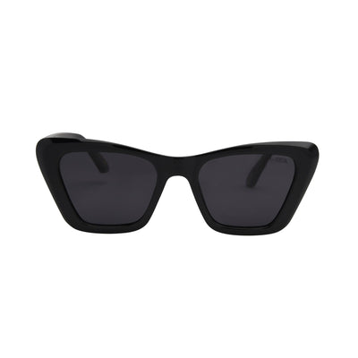 Black cat-eye sunglasses on a white background.
BLACK / SMOKE POLARIZED LENS