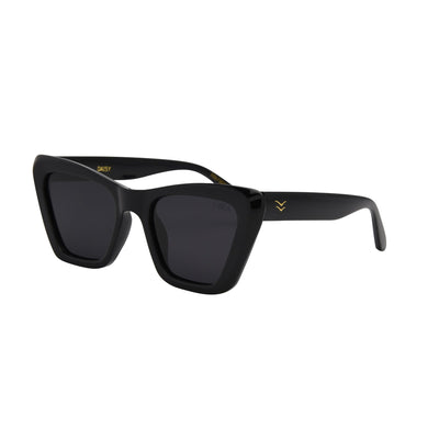 Black sunglasses with a brand logo on a white background.
BLACK / SMOKE POLARIZED LENS