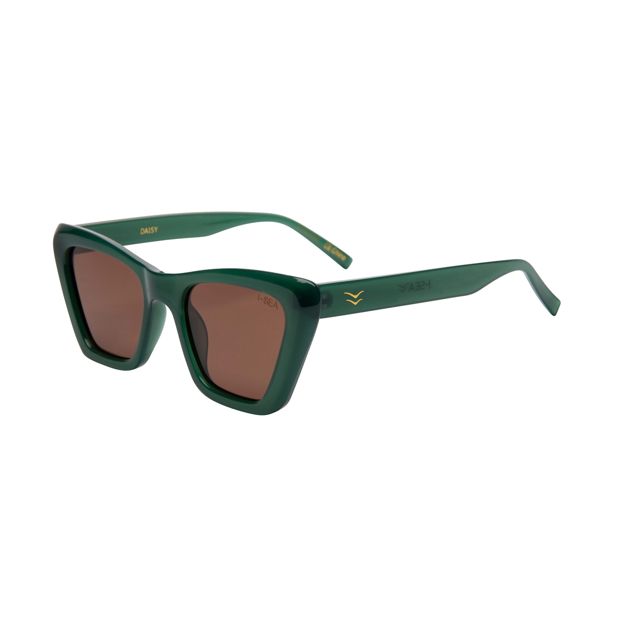 Green sunglasses with brown lenses on a white background.
KALE / TANGERINE LENS