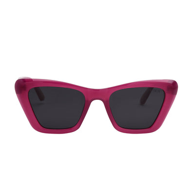 Sunglasses with red frame and dark lenses on a white background.
ORCHID / SMOKE POLARIZED LENS