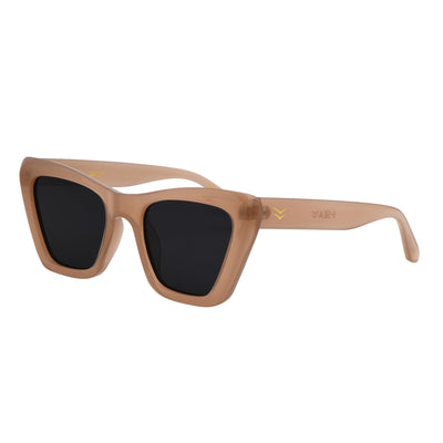 Beige sunglasses with black lenses on a white background.
SAND / SMOKE POLARIZED LENS