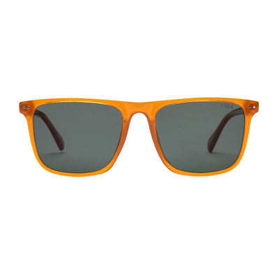 Orange sunglasses with dark lenses on a white background.
SUNSHINE / GREEN POLARIZED LENS
