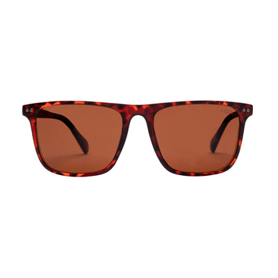 Sunglasses with tortoiseshell frame and brown lenses on a white background.
TORT / BROWN POLARIZED LENS