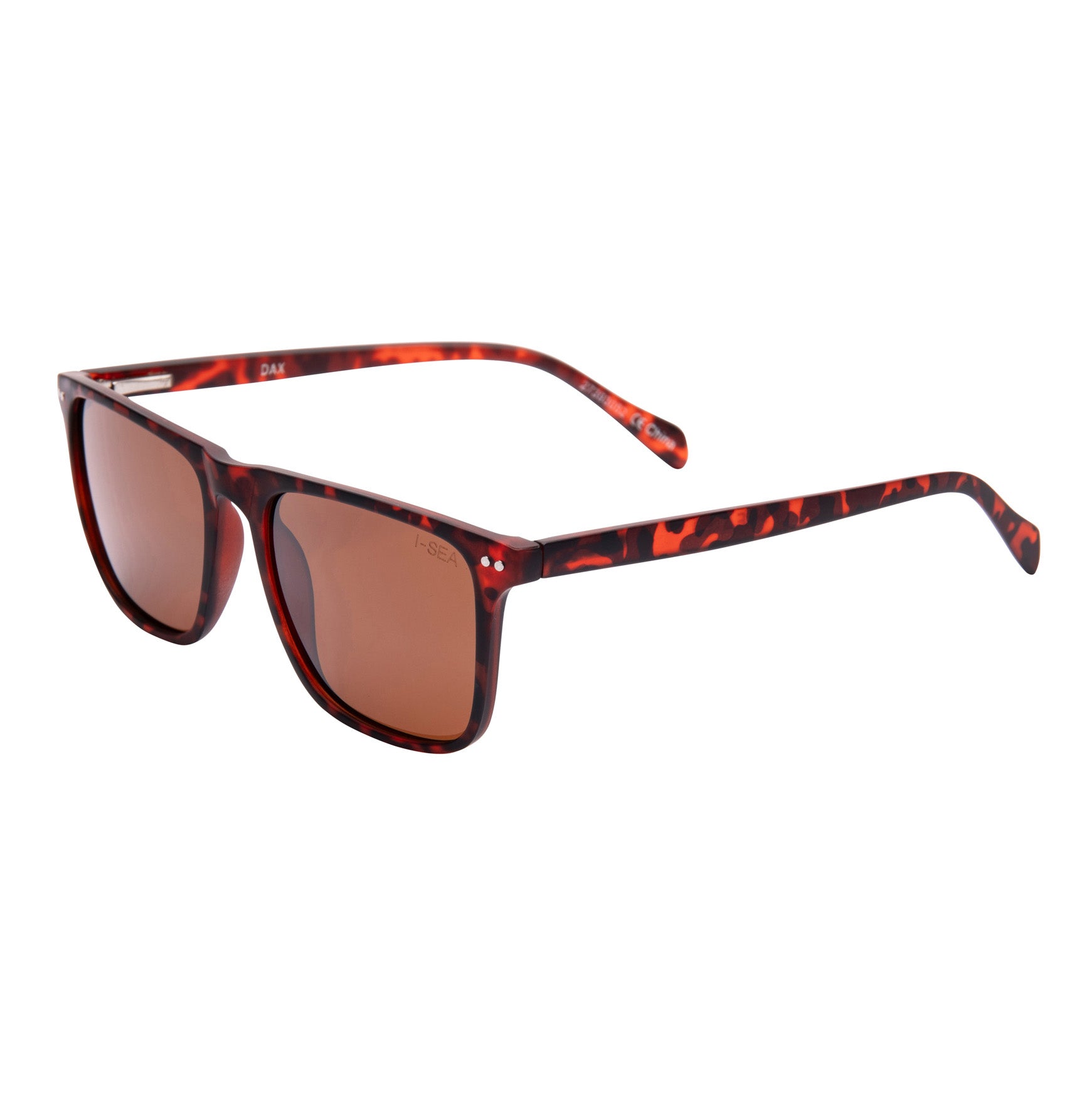 Sunglasses with red tortoiseshell frame and brown lenses on a white background.
TORT / BROWN POLARIZED LENS