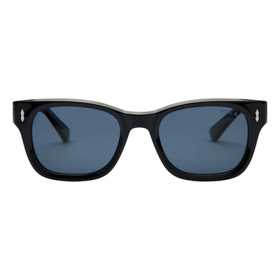 Black sunglasses with blue lenses on a white background.
BLACK / SMOKE POLARIZED LENS