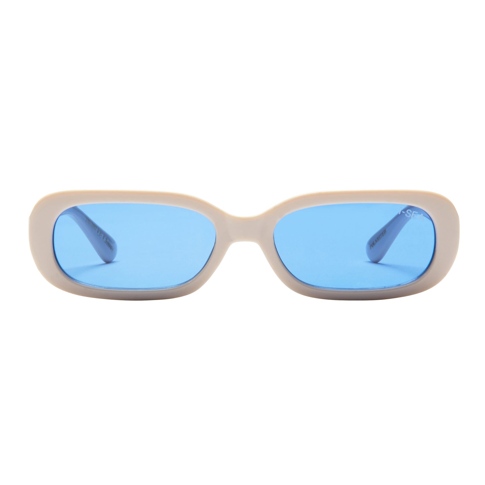 Sunglasses with blue lenses and beige frame on a white background.
CREAM / NAVY POLARIZED LENS