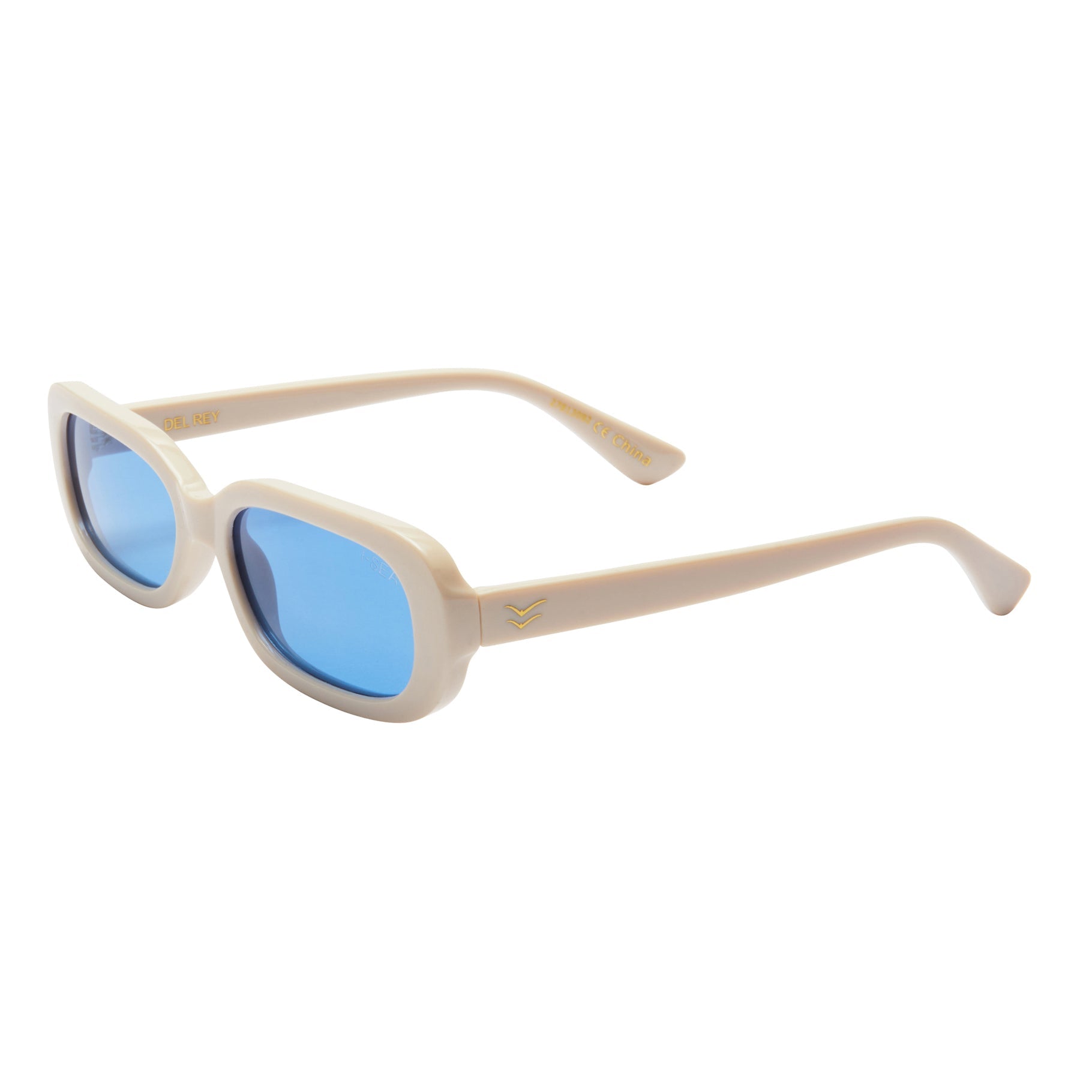 Beige sunglasses with blue lenses on a white background.
CREAM / NAVY POLARIZED LENS