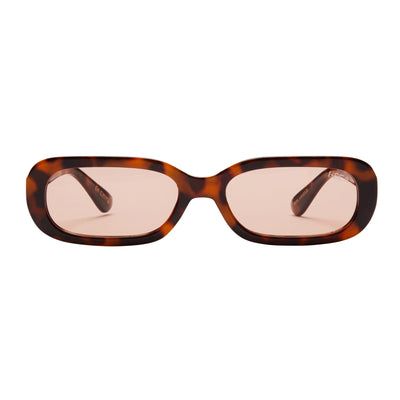 Sunglasses with tortoiseshell frame and pink lenses on a white background.
TORT / PEACH POLARIZED LENS