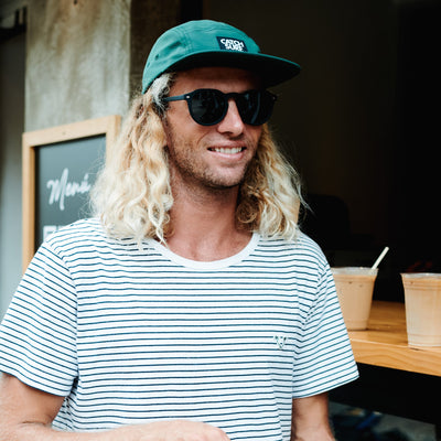 Man with sunglasses and a green cap standing outdoors near a chalkboard menu.
BLACK / SMOKE POLARIZED LENS