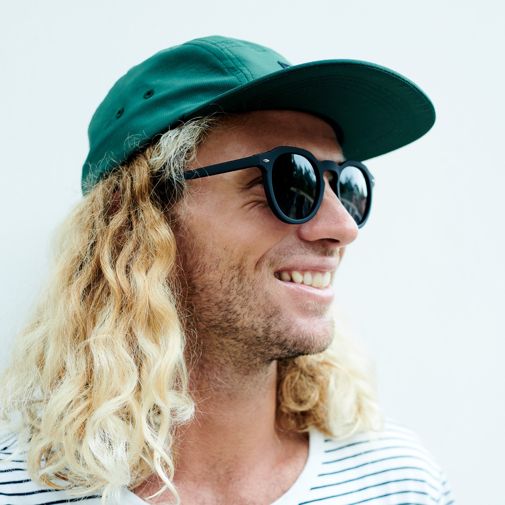 Man with curly blonde hair wearing a green cap and sunglasses against a light background.
BLACK / SMOKE POLARIZED LENS