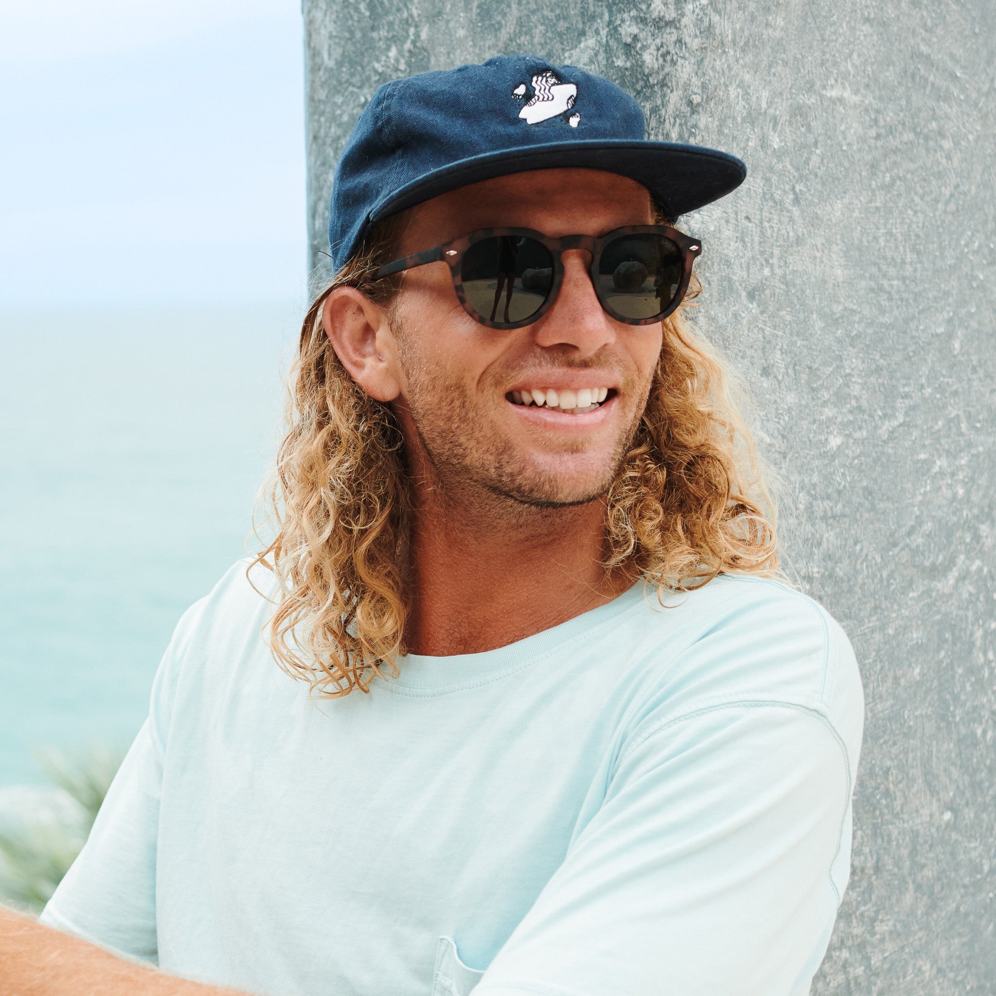 Man with sunglasses and a cap leaning against a textured wall.
BLONDE TORT / GREEN POLARIZED LENS